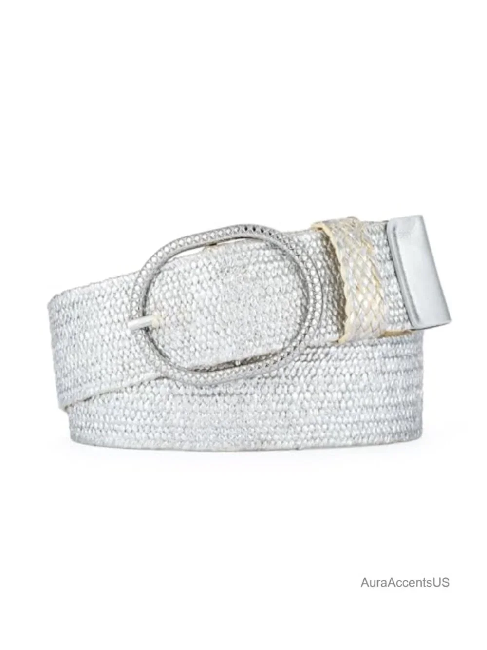 Braided Straw Belt for Women Woven Elastic Waist Belt Silver Buckle